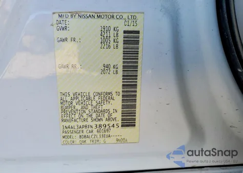 2015 Nissan Altima 2.5 из США, поврежденный, VIN 1N4AL3AP8FN389545